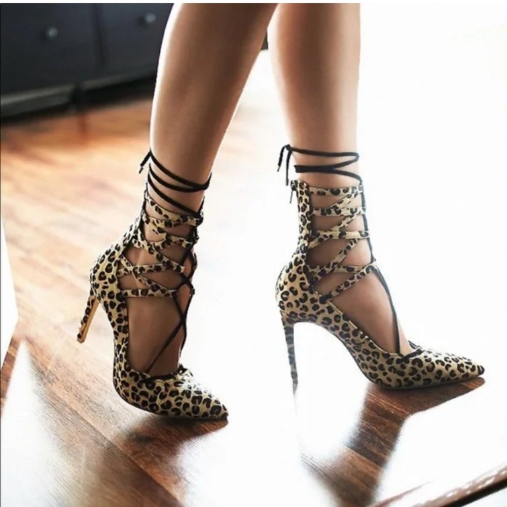 Jeffrey Campbell‎ x Free People Hierro Lace Up Heels Brown Leopard Sz 7